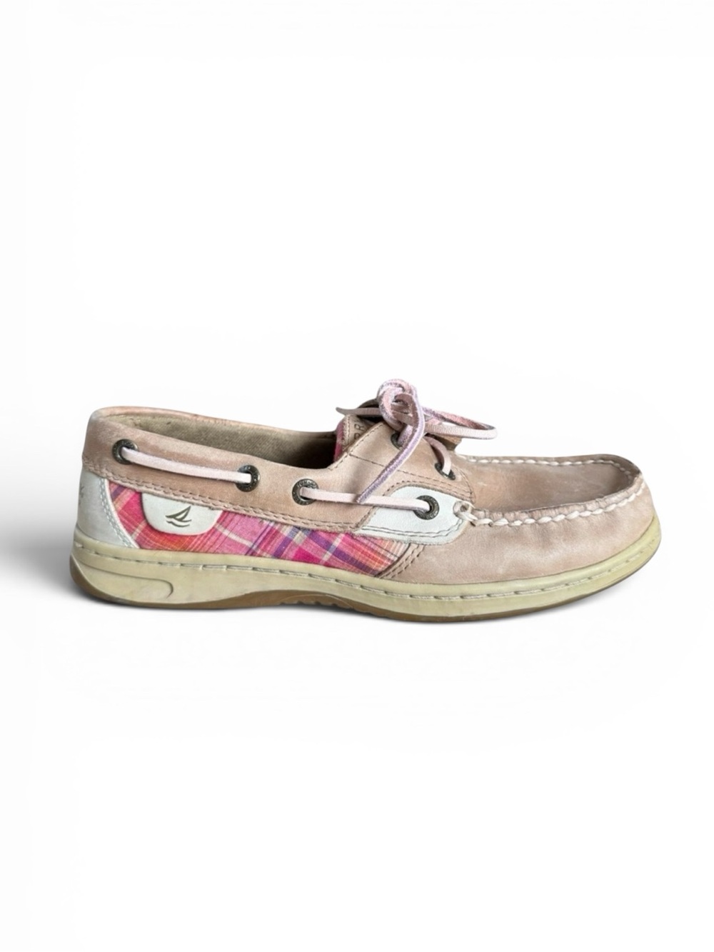 Sperry Top-Sider Leather Boat Shoes Tan Pink Plaid Lace Up Size 6.5